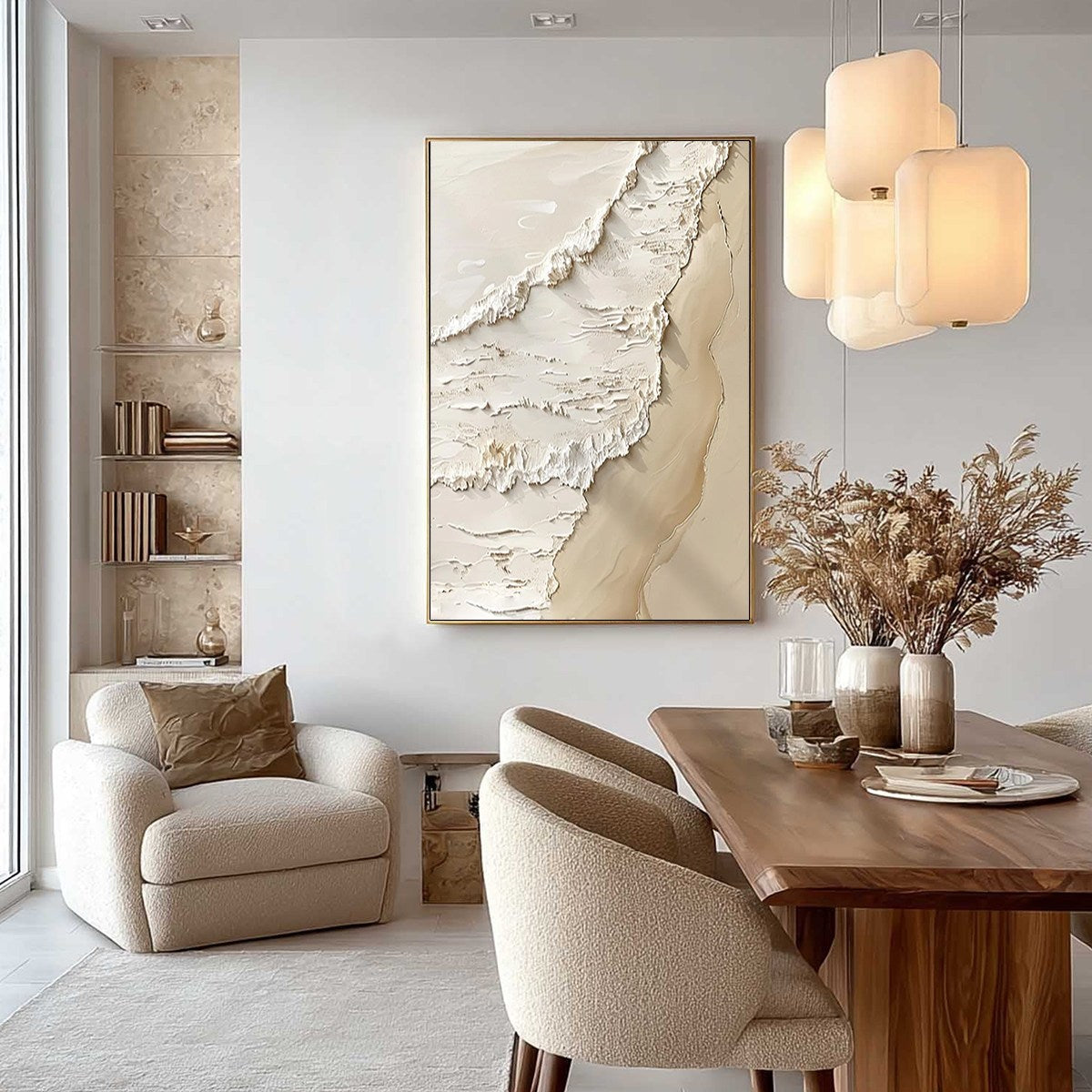 Shoreline Whispers hand-painted sand and ivory textured beach scene painting shown with black frame