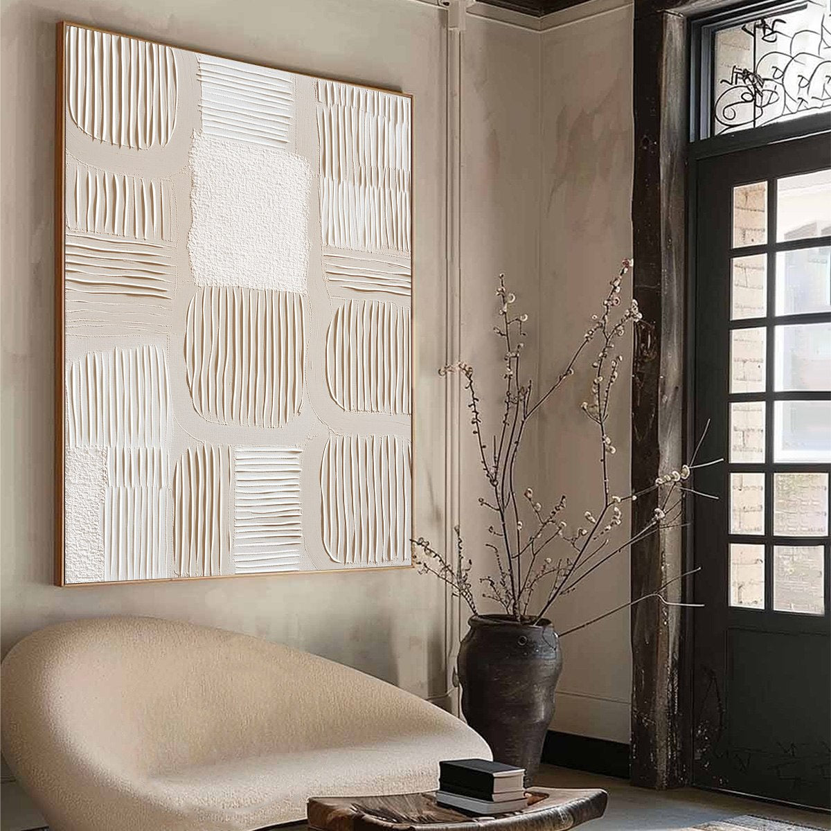 White and Beige Wabi-Sabi Abstract Impasto Oil Painting – Silent Rhythms