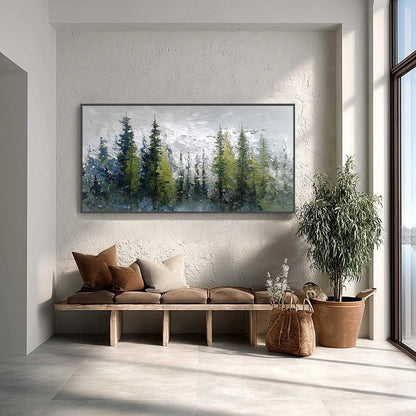 Silent Sentinels hand-painted forest green, soft grey and warm earth tones textured forest landscape painting shown as stretched canvas