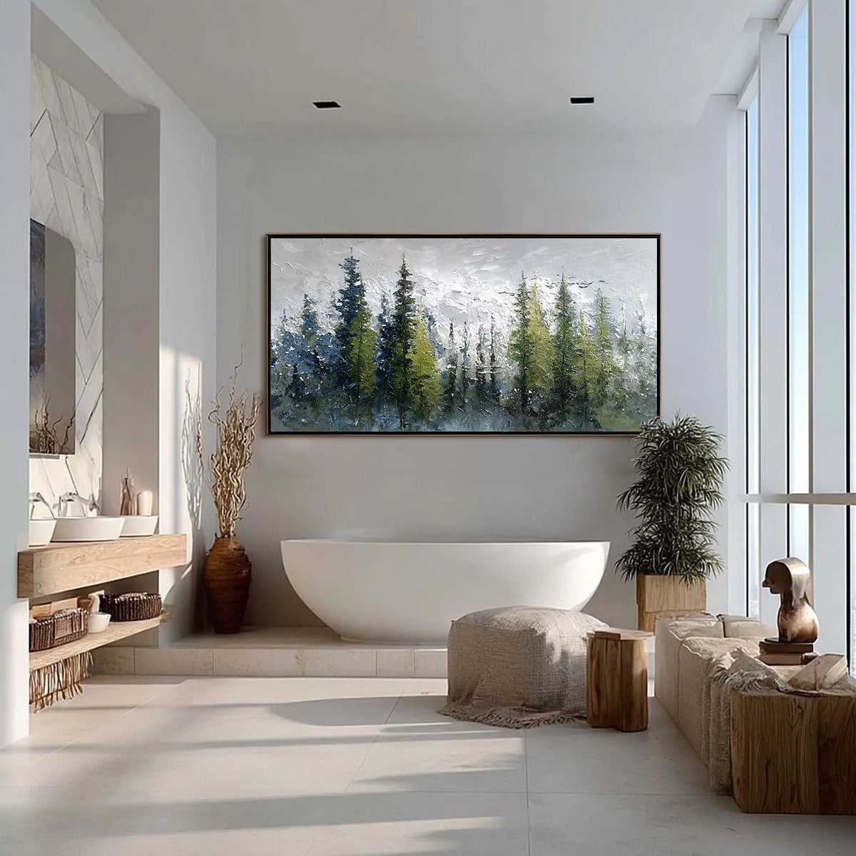 Silent Sentinels hand-painted forest green, soft grey and warm earth tones textured forest landscape painting shown with silver frame