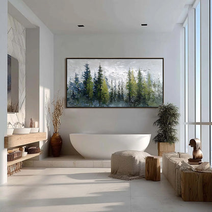 Silent Sentinels hand-painted forest green, soft grey and warm earth tones textured forest landscape painting shown with silver frame