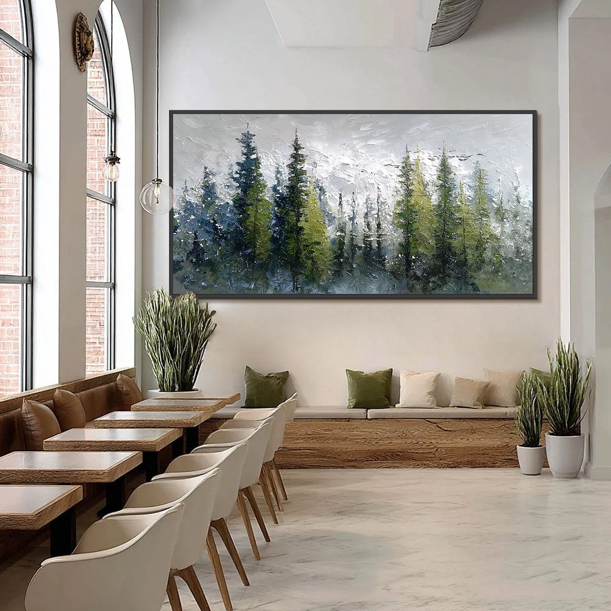 Silent Sentinels hand-painted forest green, soft grey and warm earth tones textured forest landscape painting shown with black frame
