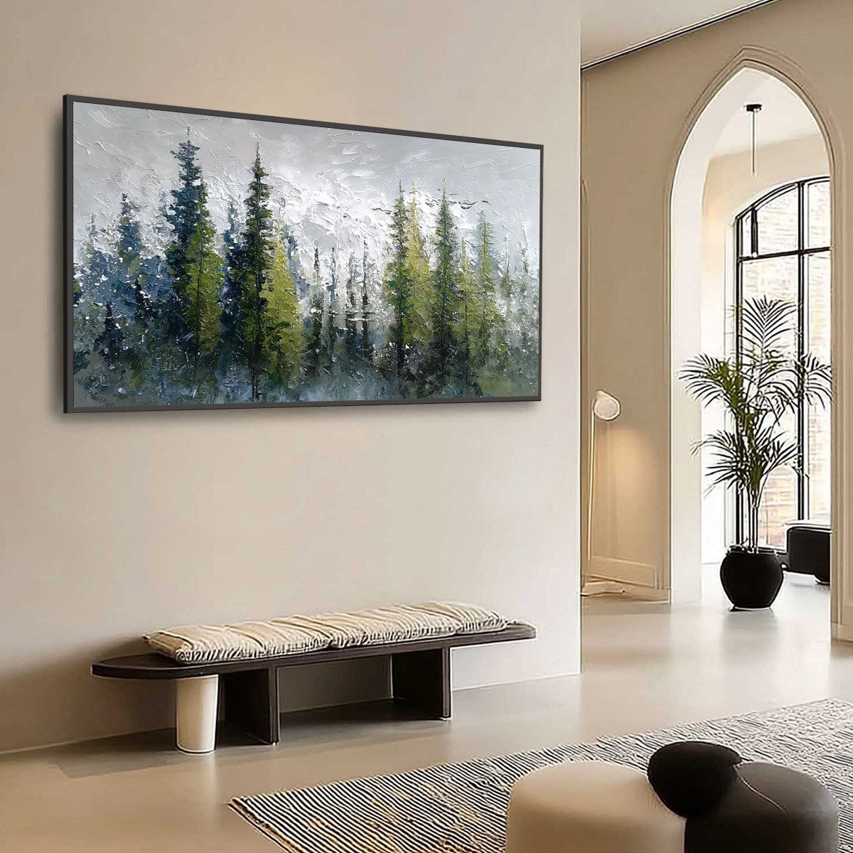 Silent Sentinels hand-painted forest green, soft grey and warm earth tones textured forest landscape painting shown with wood frame