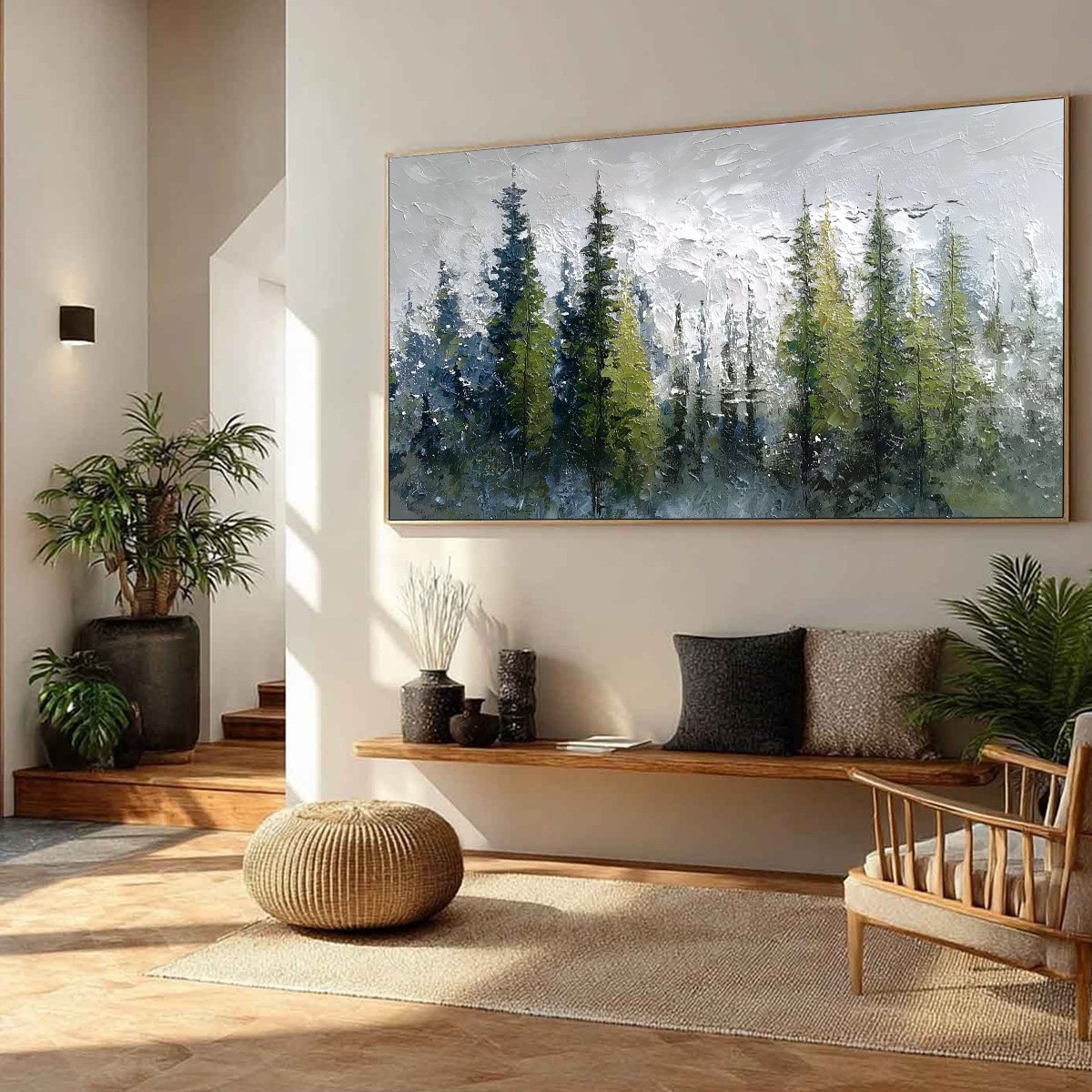 Silent Sentinels hand-painted forest green, soft grey and warm earth tones textured forest landscape painting rolled canvas option