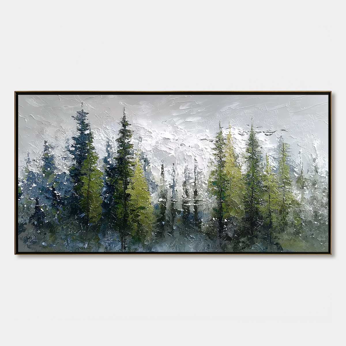 Silent Sentinels hand-painted forest green, soft grey and warm earth tones textured forest landscape painting rolled canvas option