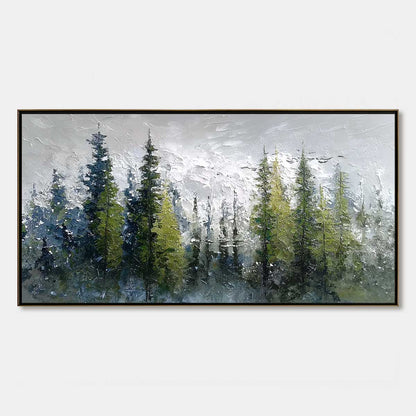 Silent Sentinels hand-painted forest green, soft grey and warm earth tones textured forest landscape painting rolled canvas option