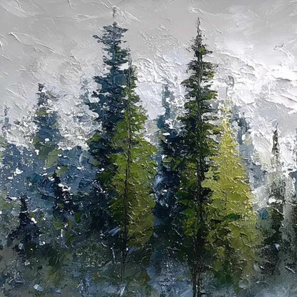 Silent Sentinels hand-painted forest green, soft grey and warm earth tones textured forest landscape painting shown with gold frame
