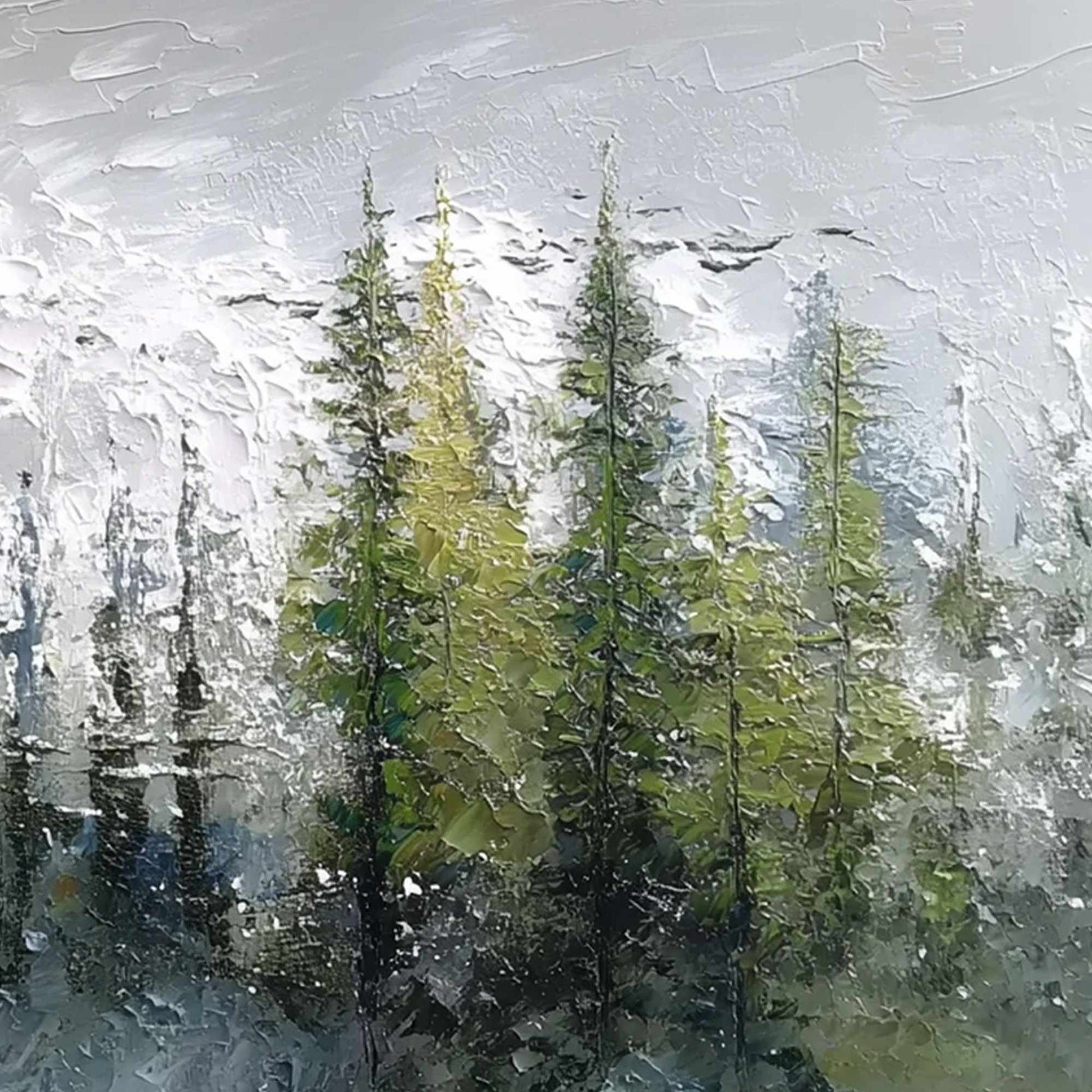 Silent Sentinels hand-painted forest green, soft grey and warm earth tones textured forest landscape painting shown with white frame