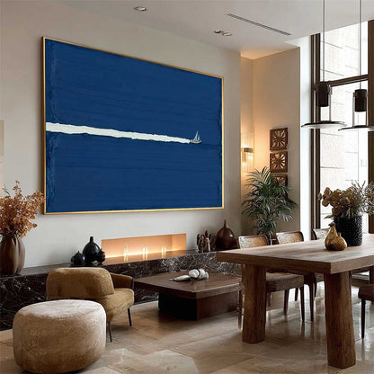 Silent Wake hand-painted white and soft beige textured sailboat seascape painting shown with wood frame
