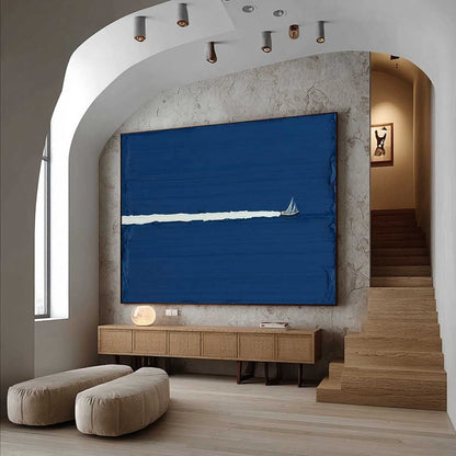 Silent Wake hand-painted white and soft beige textured sailboat seascape painting rolled canvas option