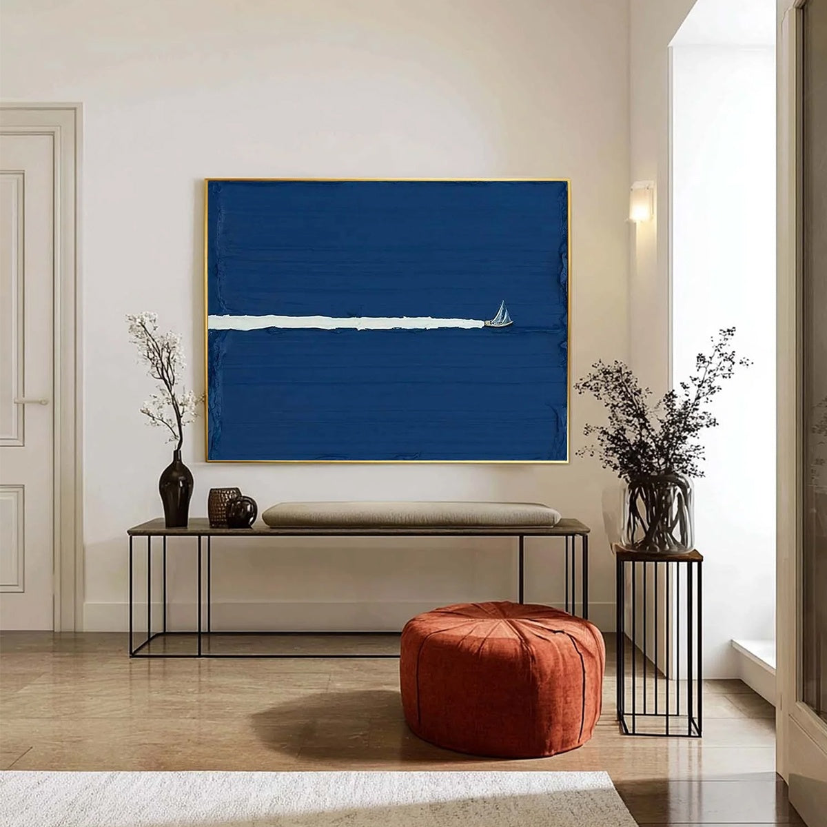 Silent Wake hand-painted white and soft beige textured sailboat seascape painting shown as stretched canvas