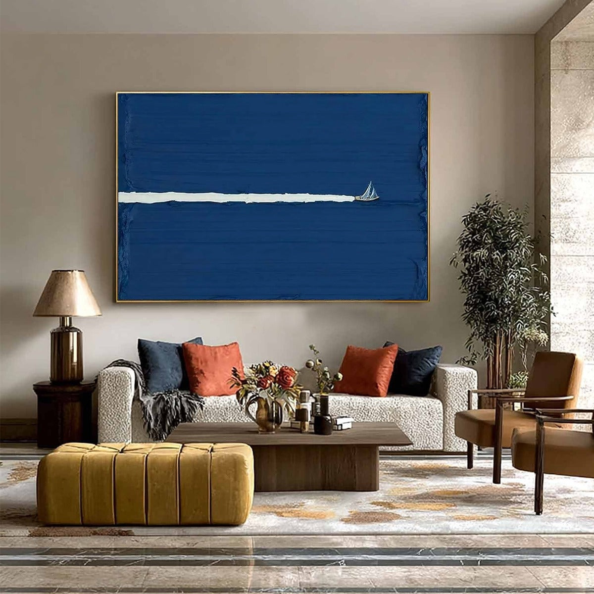 Silent Wake hand-painted white and soft beige textured sailboat seascape painting shown with silver frame