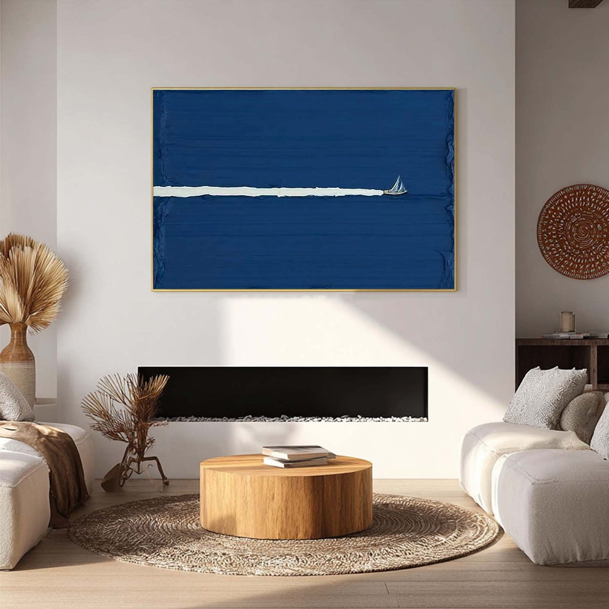 Silent Wake hand-painted white and soft beige textured sailboat seascape painting shown with black frame
