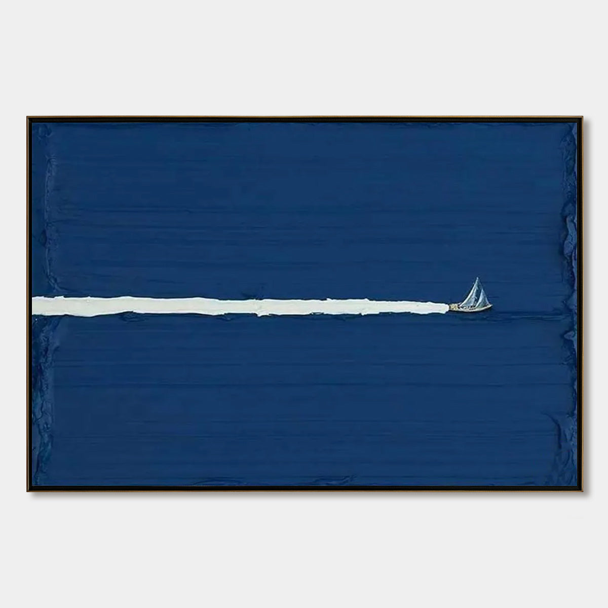 Silent Wake hand-painted white and soft beige textured sailboat seascape painting rolled canvas option