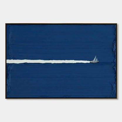 Silent Wake hand-painted white and soft beige textured sailboat seascape painting rolled canvas option