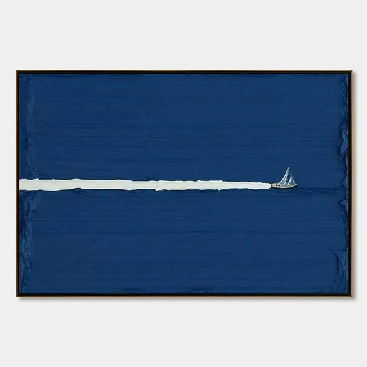 Silent Wake hand-painted white and soft beige textured sailboat seascape painting rolled canvas option