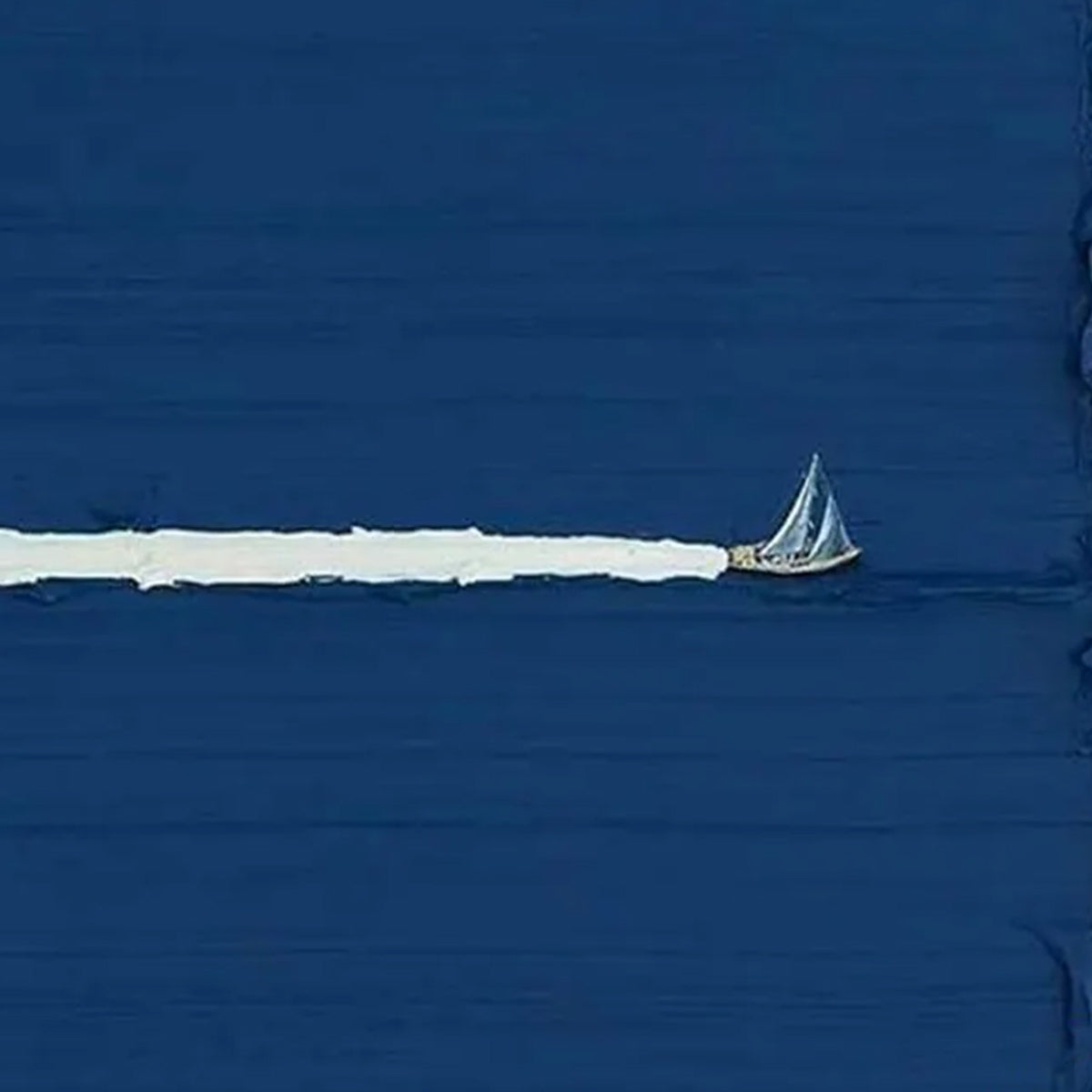 Silent Wake hand-painted white and soft beige textured sailboat seascape painting shown with white frame
