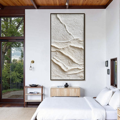 Silent Strata hand-painted white and beige textured coastal abstract painting shown with black frame
