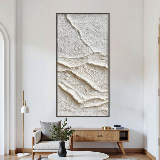 Silent Strata hand-painted white and beige textured coastal abstract painting shown as stretched canvas