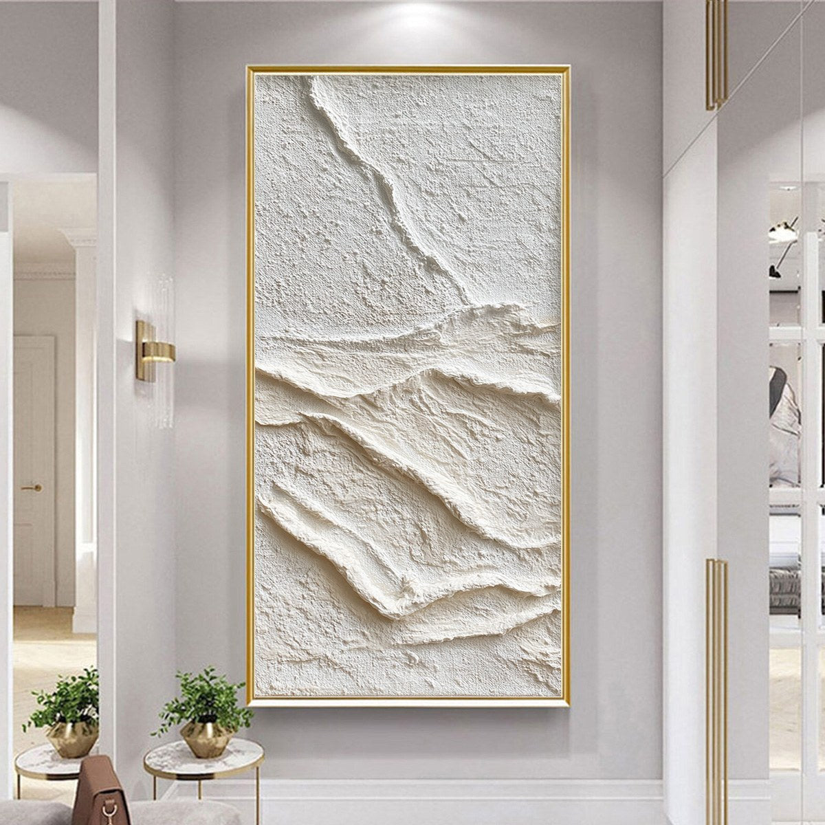 Silent Strata hand-painted white and beige textured coastal abstract painting shown with silver frame