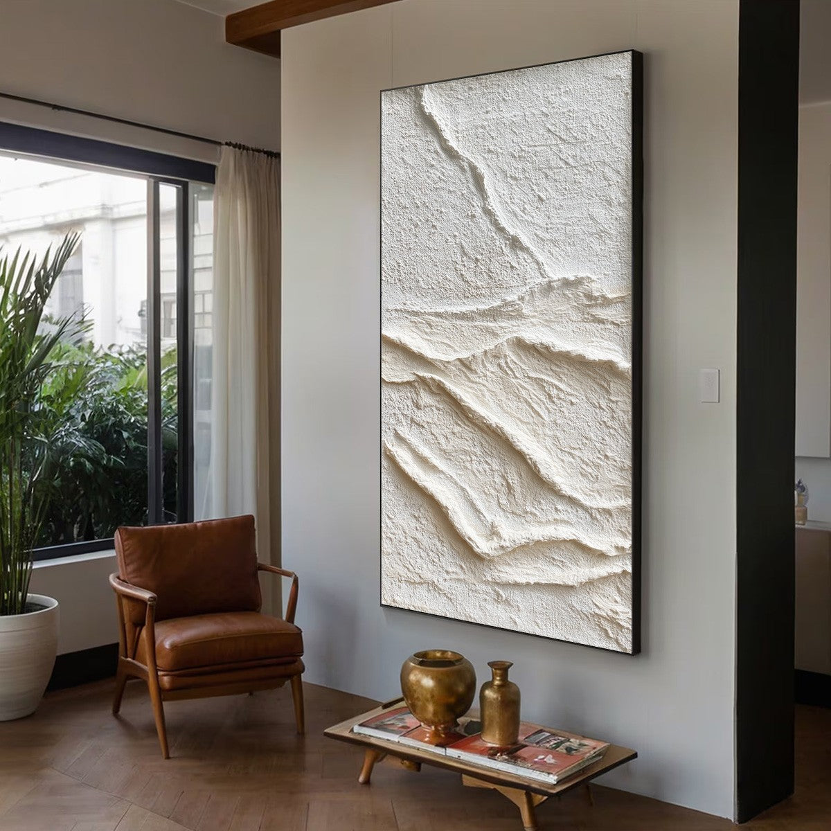 Silent Strata hand-painted white and beige textured coastal abstract painting shown with wood frame