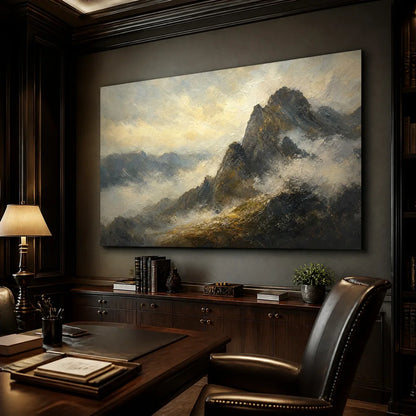 Silver Ridge hand-painted slate blue, ivory and soft grey textured mountain landscape painting