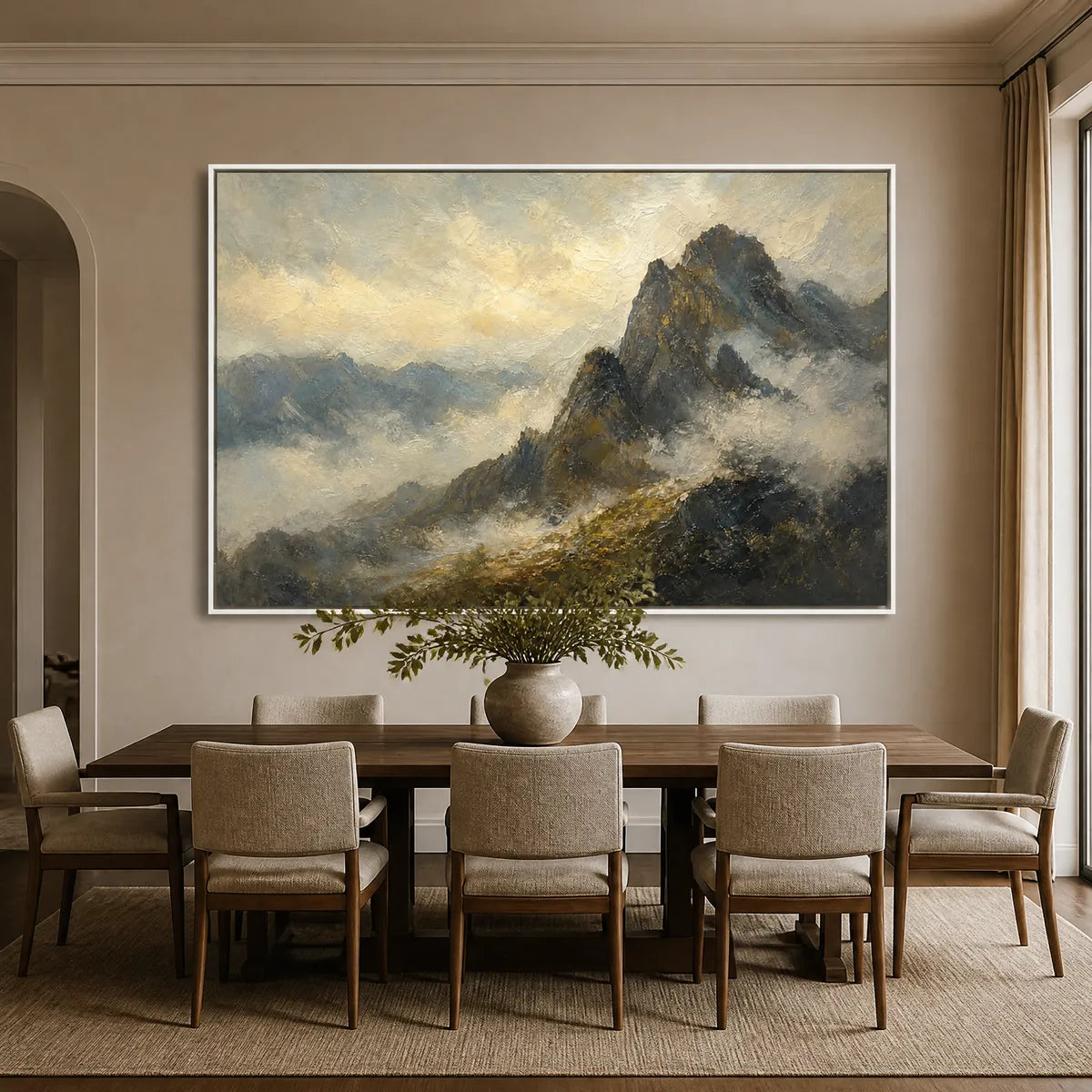 Silver Ridge hand-painted slate blue, ivory and soft grey textured mountain landscape painting