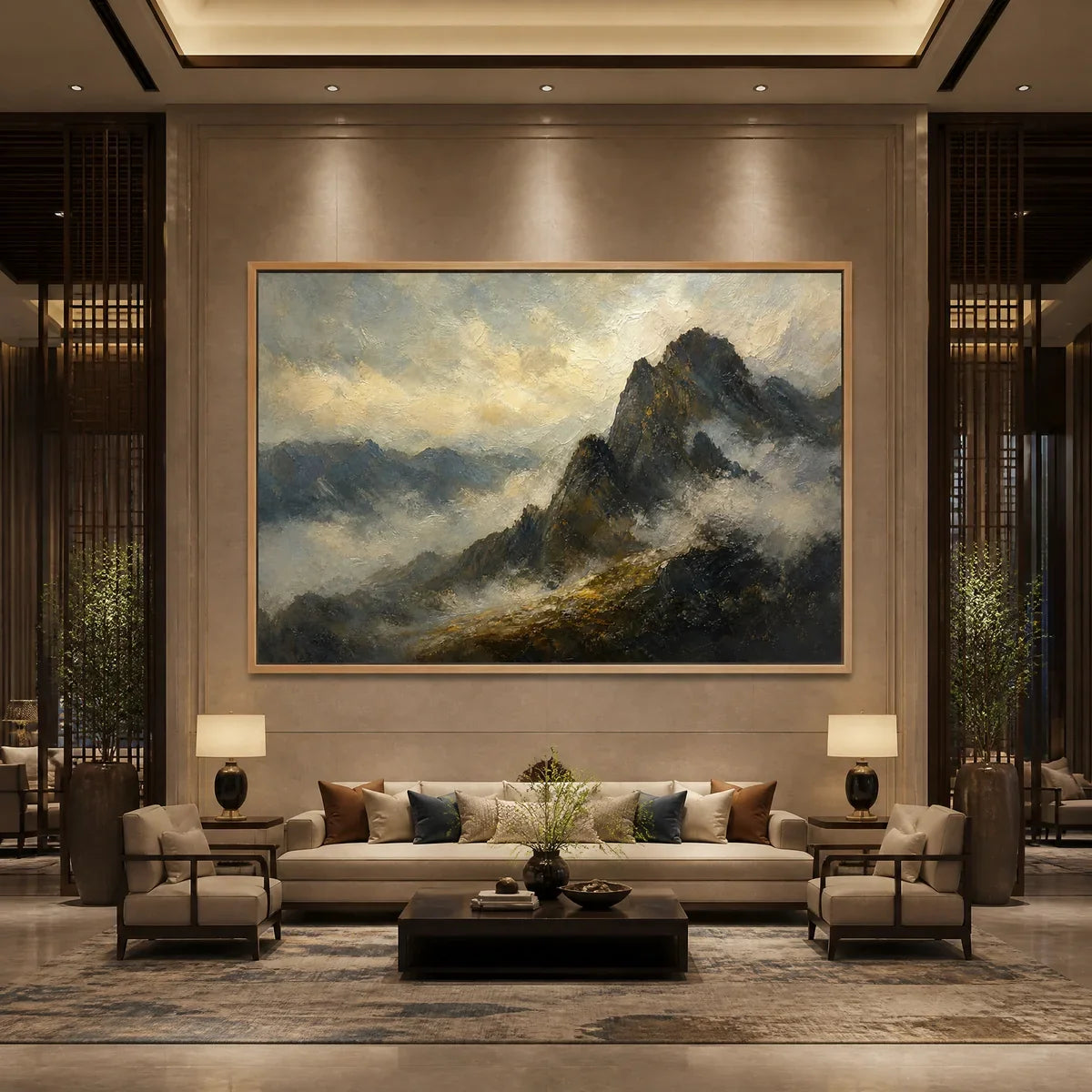 Silver Ridge hand-painted slate blue, ivory and soft grey textured mountain landscape painting