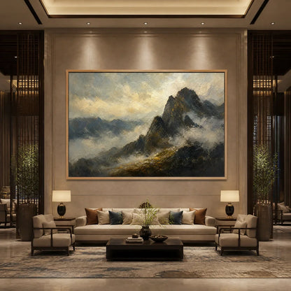 Silver Ridge hand-painted slate blue, ivory and soft grey textured mountain landscape painting