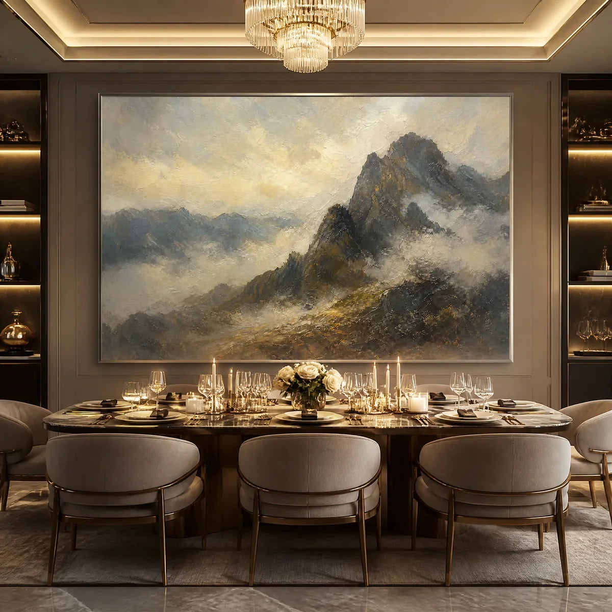 Silver Ridge hand-painted slate blue, ivory and soft grey textured mountain landscape painting