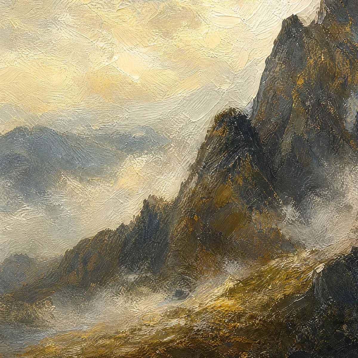 Silver Ridge hand-painted slate blue, ivory and soft grey textured mountain landscape painting