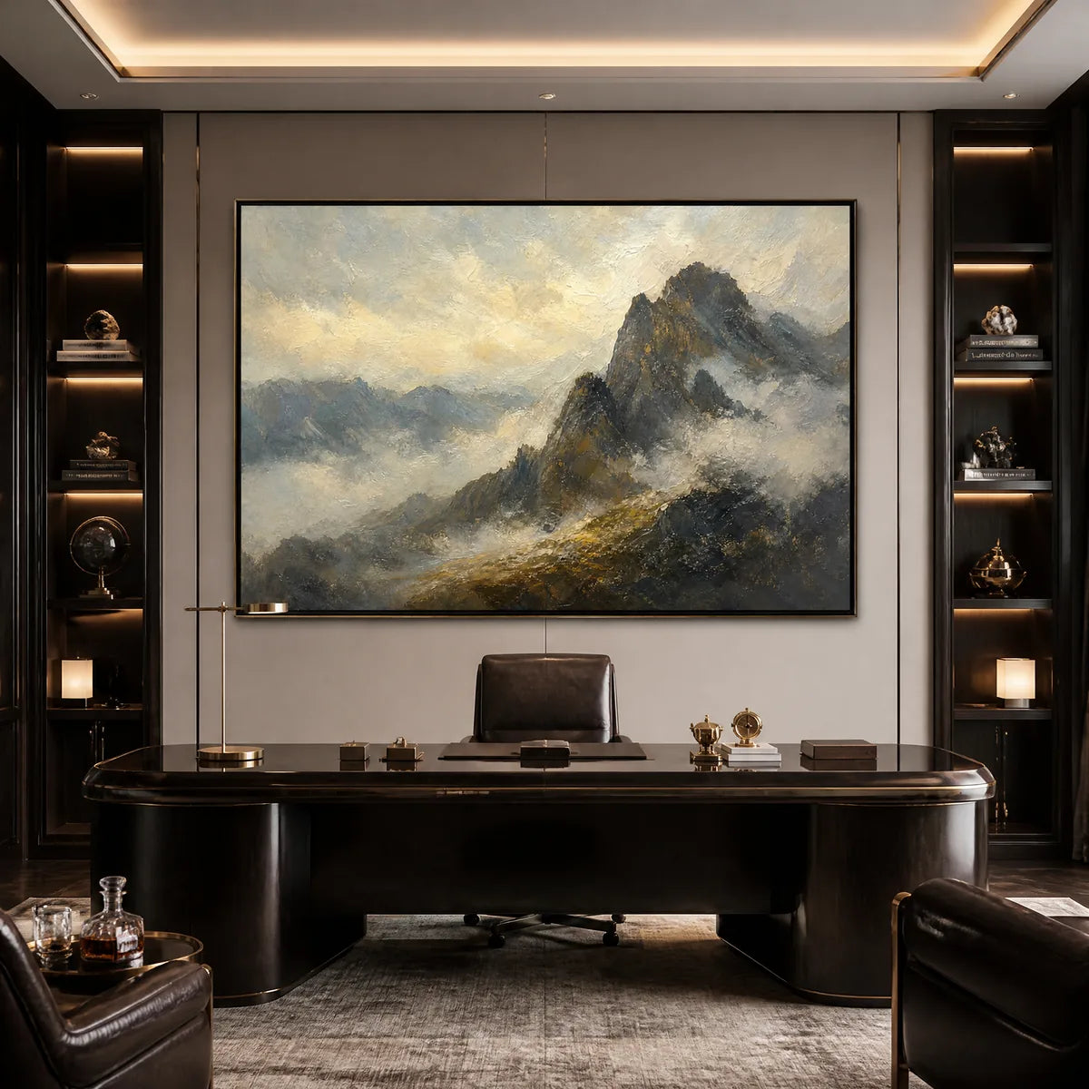 Silver Ridge hand-painted slate blue, ivory and soft grey textured mountain landscape painting