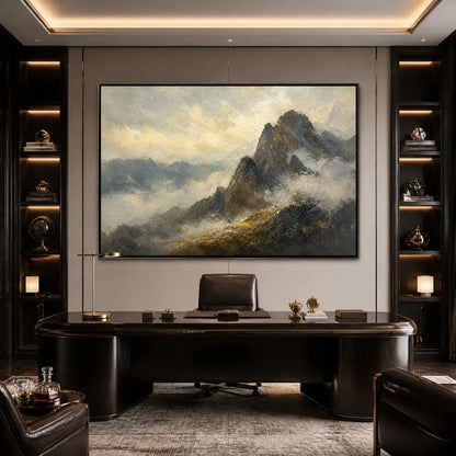 Silver Ridge hand-painted slate blue, ivory and soft grey textured mountain landscape painting