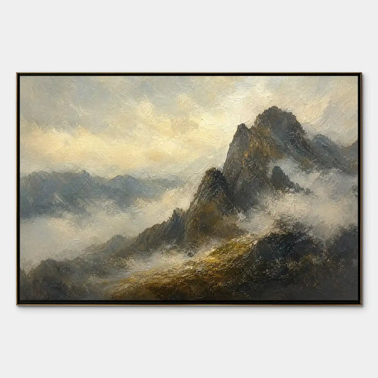 Silver Ridge hand-painted slate blue, ivory and soft grey textured mountain landscape painting