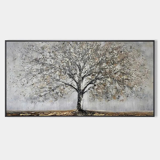Silver Birch hand-painted soft grey and gold textured forest landscape painting rolled canvas option