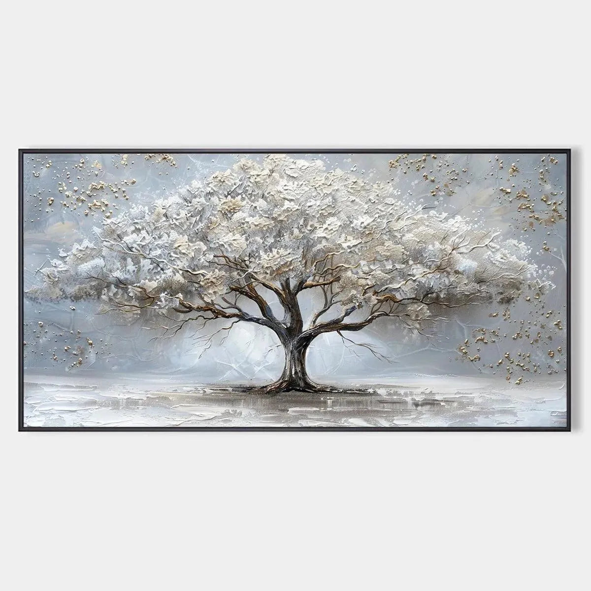 Silver Lining hand-painted white, soft grey and gold textured tree painting rolled canvas option