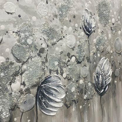 Silver and Grey Minimalist Floral Oil Painting – Silver Mist