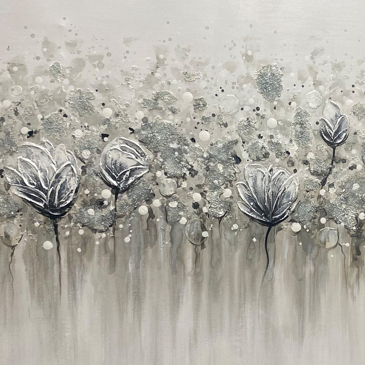 Silver and Grey Minimalist Floral Oil Painting – Silver Mist