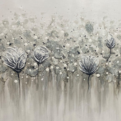 Silver and Grey Minimalist Floral Oil Painting – Silver Mist
