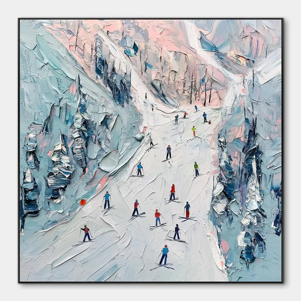 Slope Life hand-painted white, soft grey and slate blue textured skiing mountain painting rolled canvas option