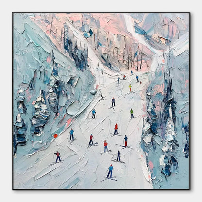Slope Life hand-painted white, soft grey and slate blue textured skiing mountain painting rolled canvas option