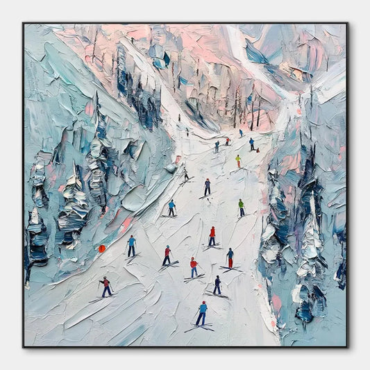 Slope Life hand-painted white, soft grey and slate blue textured skiing mountain painting rolled canvas option