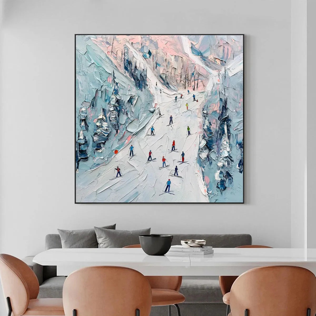 Slope Life hand-painted white, soft grey and slate blue textured skiing mountain painting shown with wood frame