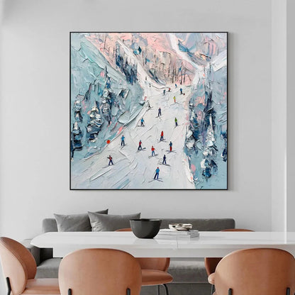 Slope Life hand-painted white, soft grey and slate blue textured skiing mountain painting shown with wood frame