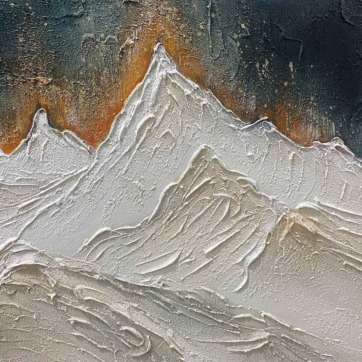 Snowy Peaks hand-painted white and gold textured mountain landscape painting shown with gold frame