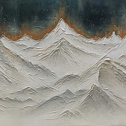 Snowy Peaks hand-painted white and gold textured mountain landscape painting shown with black frame