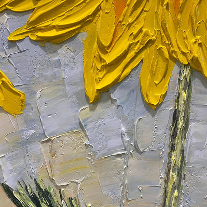 Yellow and Grey Sunflower Impasto Oil Painting – Solar Bloom