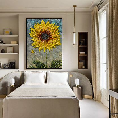 Yellow and Grey Sunflower Impasto Oil Painting – Solar Bloom