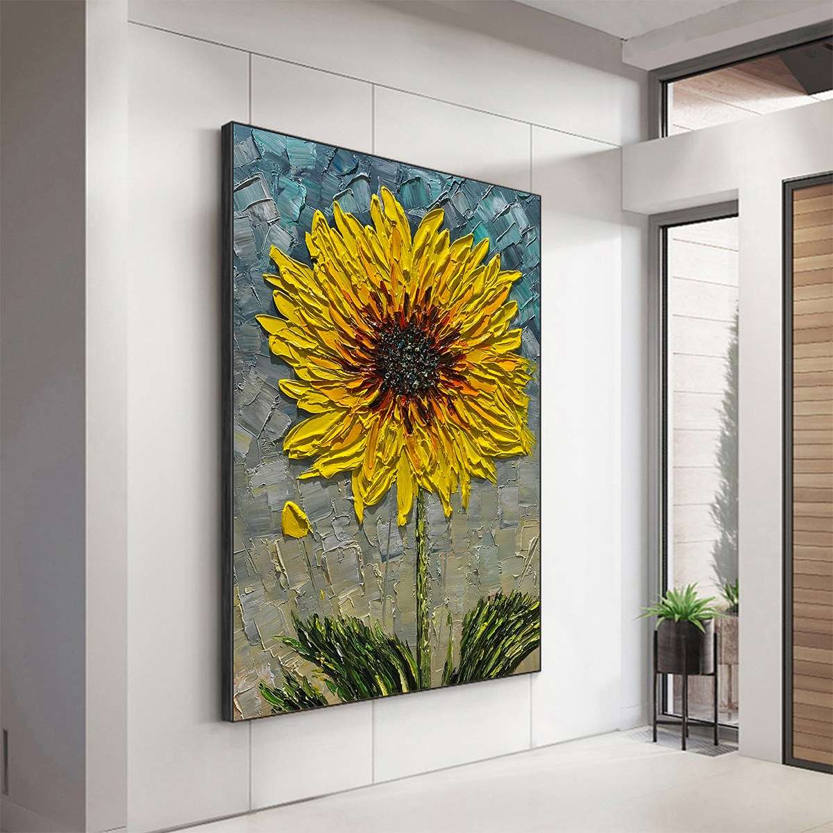 Yellow and Grey Sunflower Impasto Oil Painting – Solar Bloom