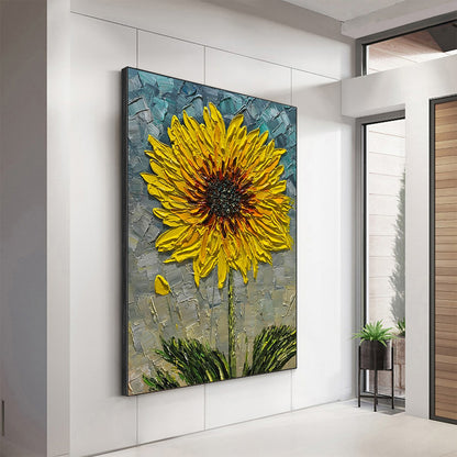 Yellow and Grey Sunflower Impasto Oil Painting – Solar Bloom
